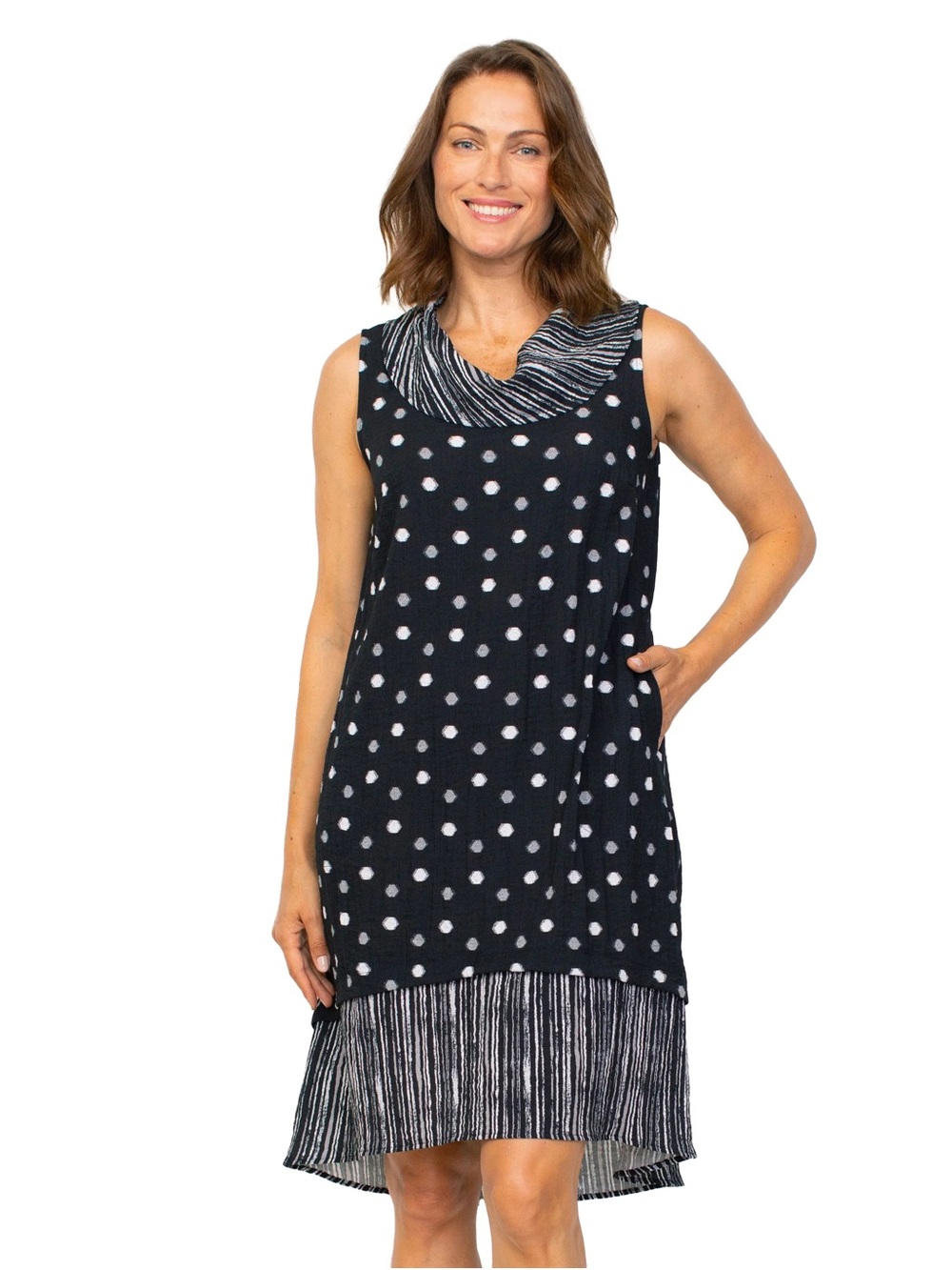 Habitat Express Mix Polka Dot Cowl Drape Neck Dress Pattern Play Hem Small